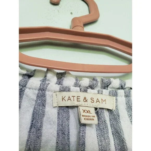 Kate & Sam Women 2XL Top Button Front Blue Stripe Floral Embroidery Coastal Boho - Picture 5 of 6